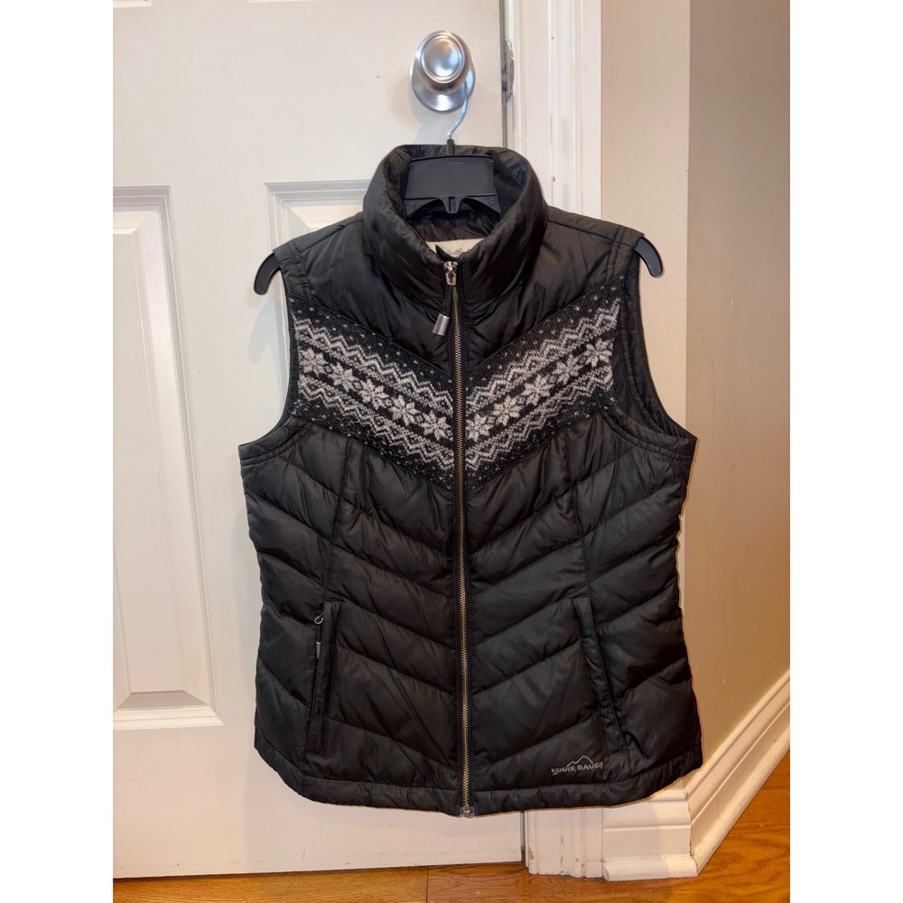 Eddie Bauer premium goose‎ down Black  Puffer Vest Fair Isle Snowflake small S